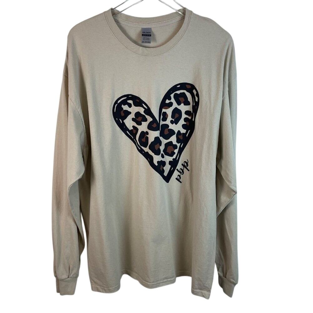 Gildan Tan Long Sleeve Tee With Cheetah Print Heart Size 2XL